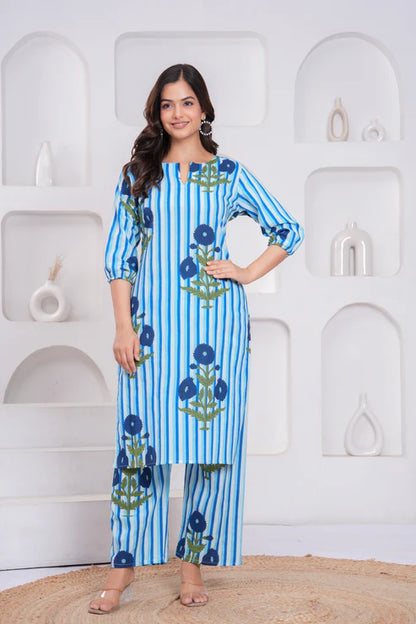 Blue and White Cotton Striped Ethnic Co-ord Set