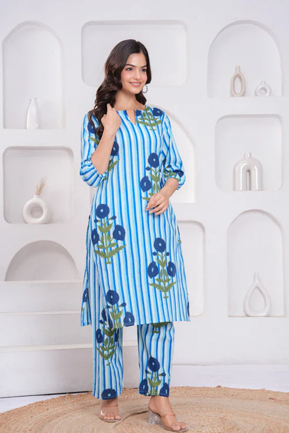 Blue and White Cotton Striped Ethnic Co-ord Set