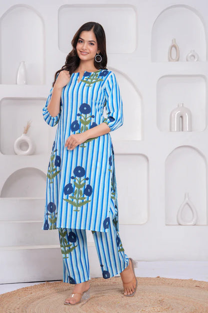 Blue and White Cotton Striped Ethnic Co-ord Set