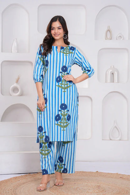 Blue and White Cotton Striped Ethnic Co-ord Set