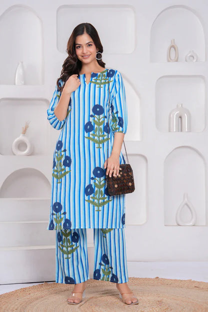Blue and White Cotton Striped Ethnic Co-ord Set