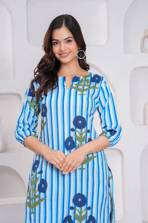 Blue and White Cotton Striped Ethnic Co-ord Set