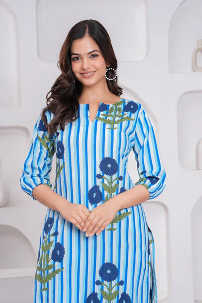 Blue and White Cotton Striped Ethnic Co-ord Set
