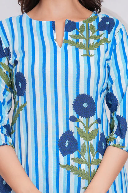 Blue and White Cotton Striped Ethnic Co-ord Set