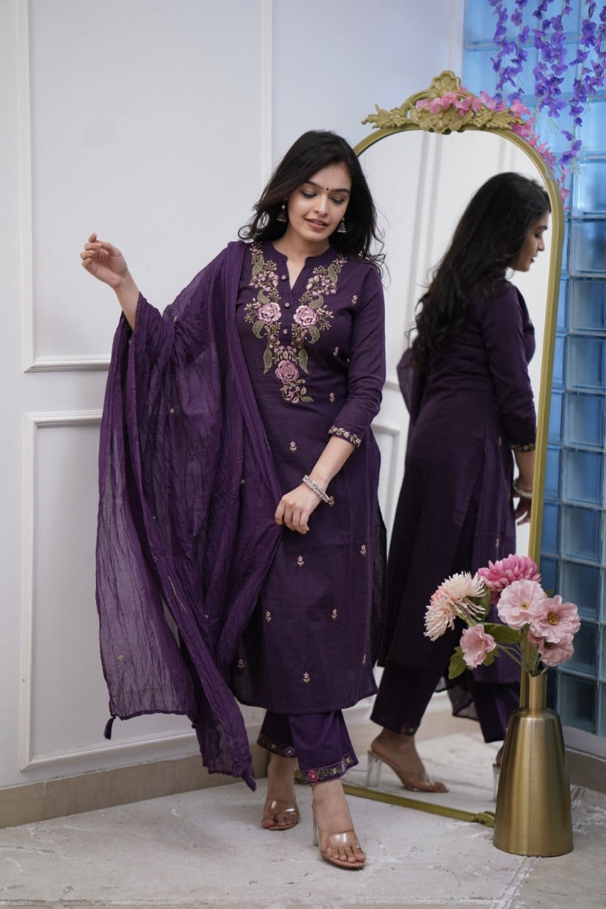 Purple Cotton Embroidered Kurta Pant And Dupatta Set