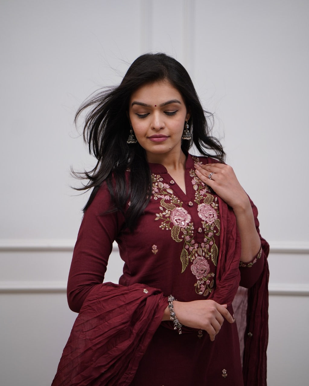 Maroon Cotton Embroidered Kurta Pant And Dupatta Set