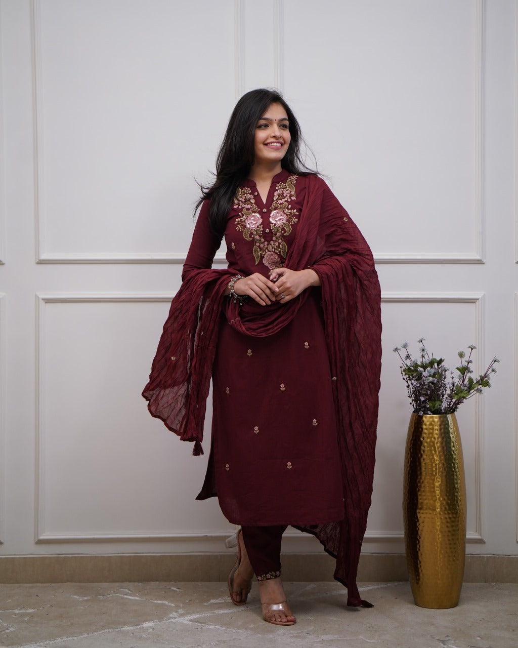 Maroon Cotton Embroidered Kurta Pant And Dupatta Set