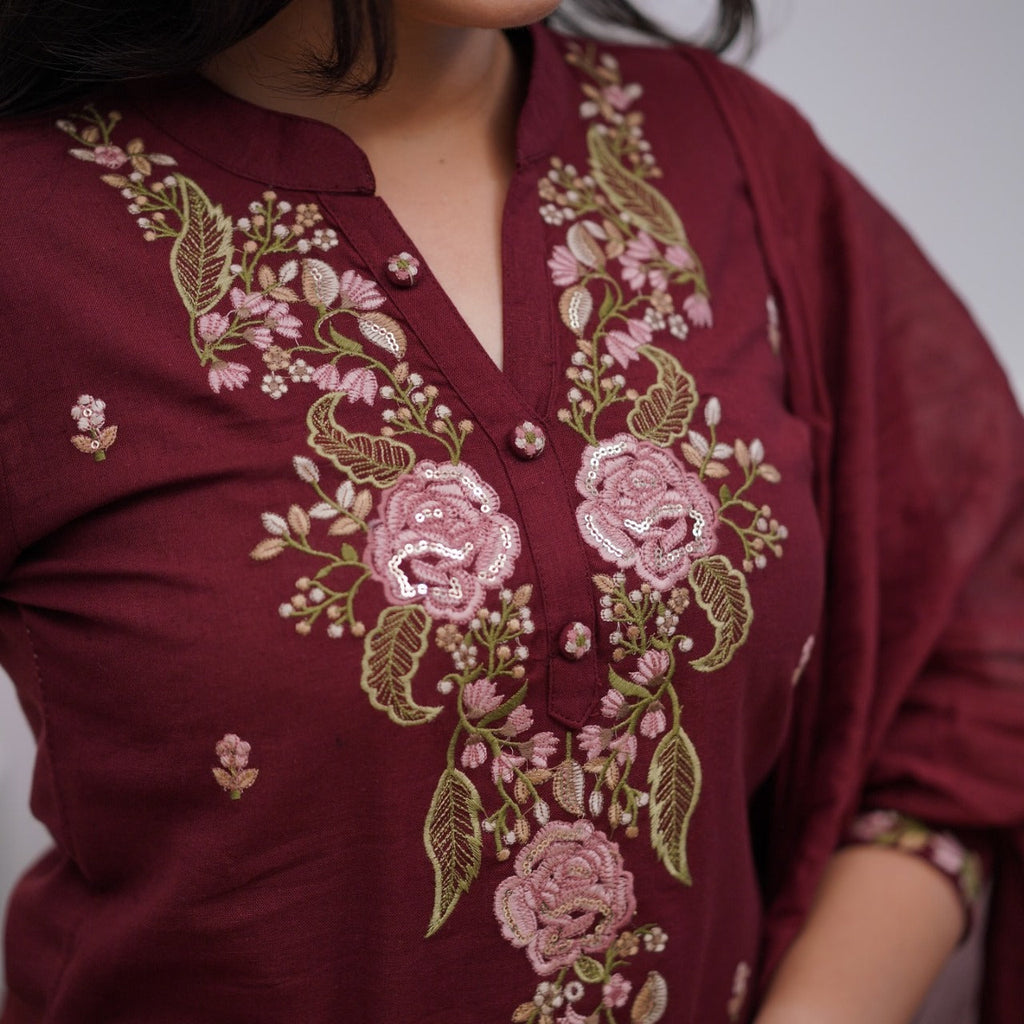 Maroon Cotton Embroidered Kurta Pant And Dupatta Set