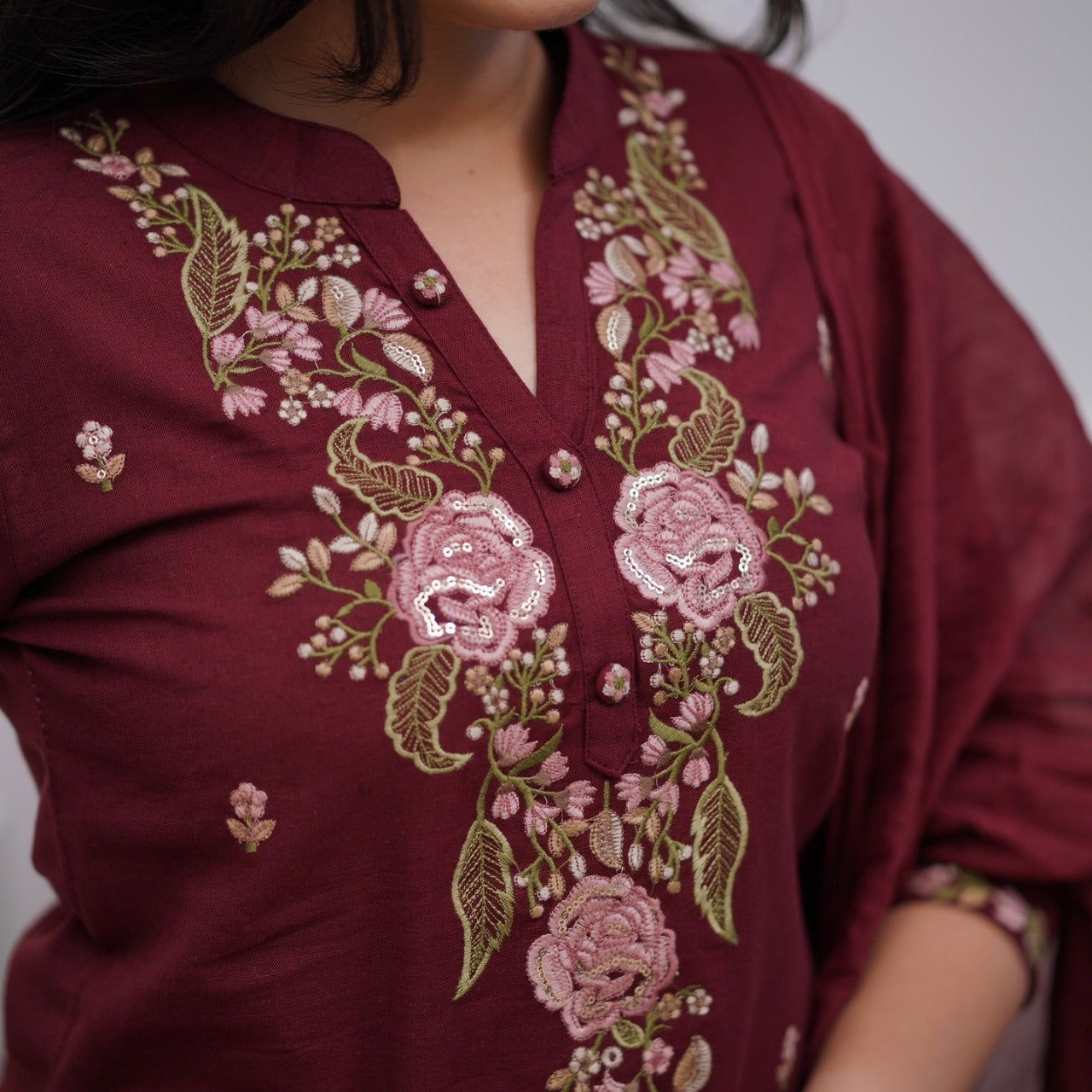 Maroon Cotton Embroidered Kurta Pant And Dupatta Set