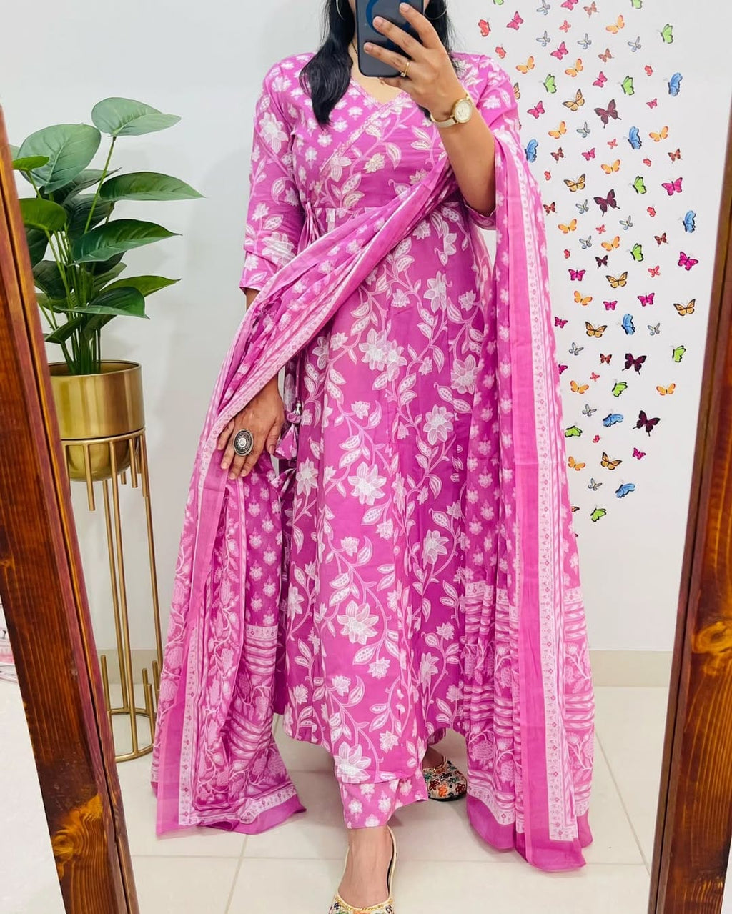 Pink Anarkha Floral Print Cotton Anarkali Kurta Pant And Dupatta Set