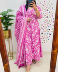 Pink Anarkha Floral Print Cotton Anarkali Kurta Pant And Dupatta Set