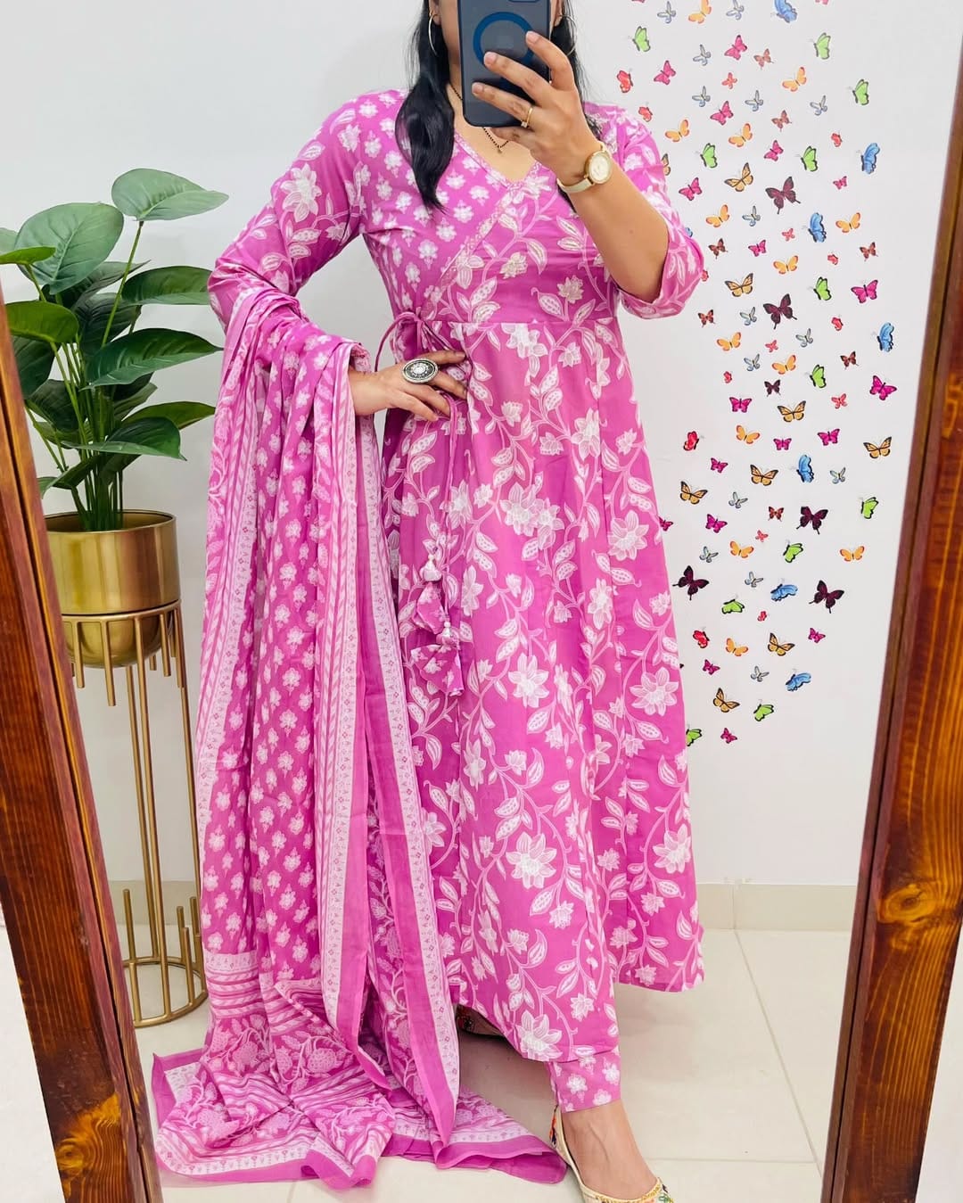 Pink Anarkha Floral Print Cotton Anarkali Kurta Pant And Dupatta Set