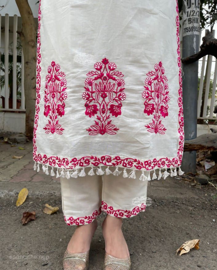 White Cotton Kurta And Pant Set With Kashmiri Pink Embroidery