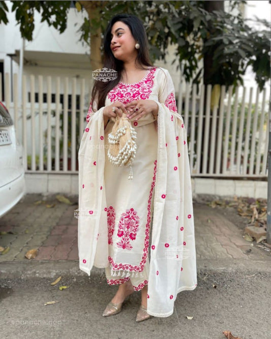White Cotton Kurta And Pant Set With Kashmiri Pink Embroidery