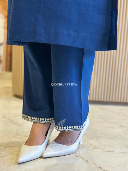 Natural Cotton Slub Blue Kurti & Pant
