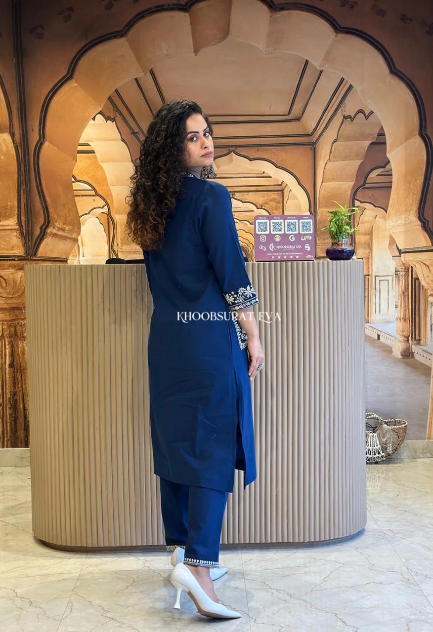 Natural Cotton Slub Blue Kurti & Pant
