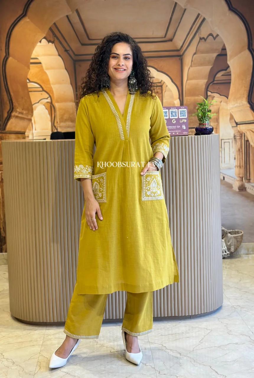 Natural Cotton Slub Yellow Kurti & Pant