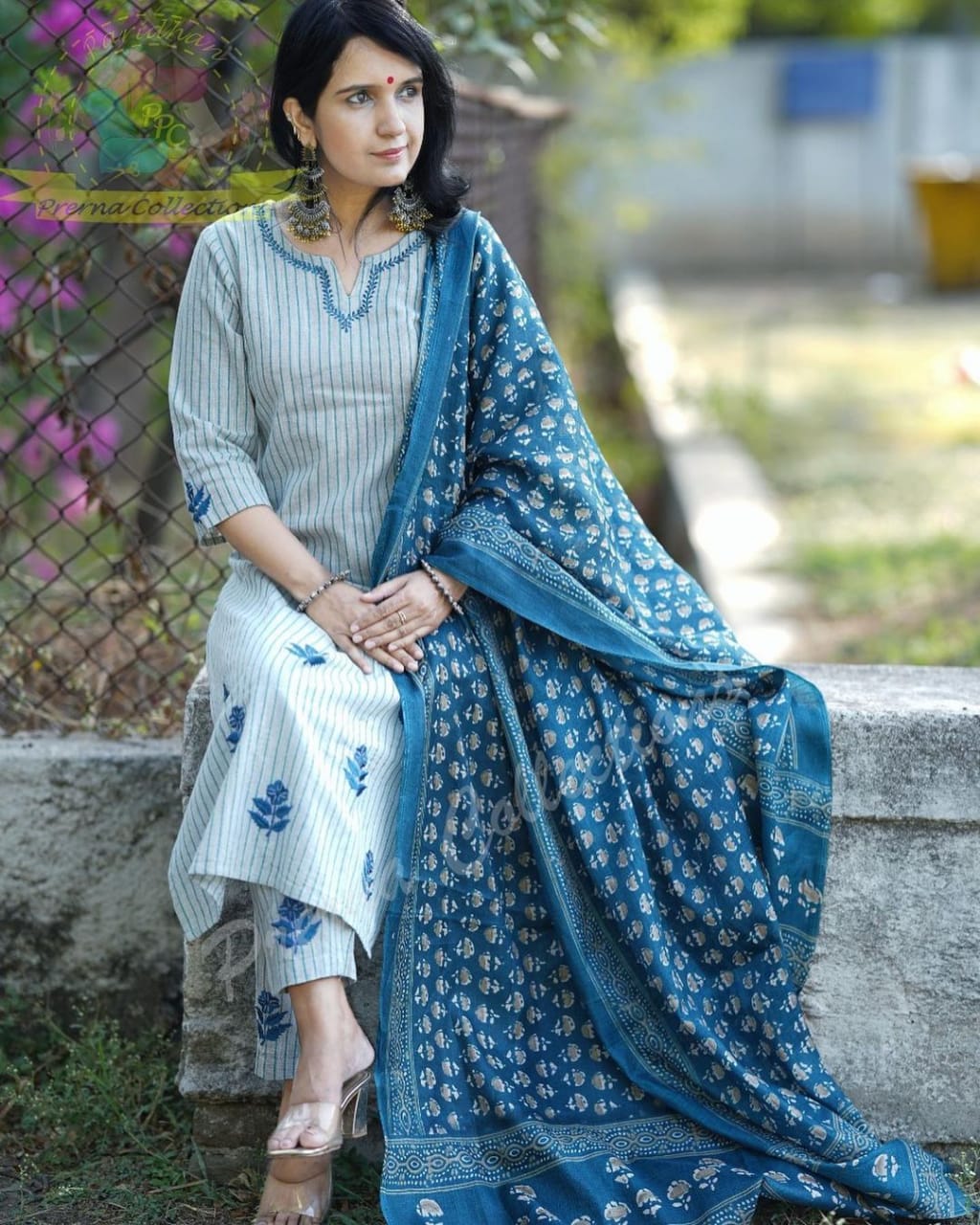 Latest Cotton Khadi Embroidery Straight Kurti And Pant With Dupatta Set