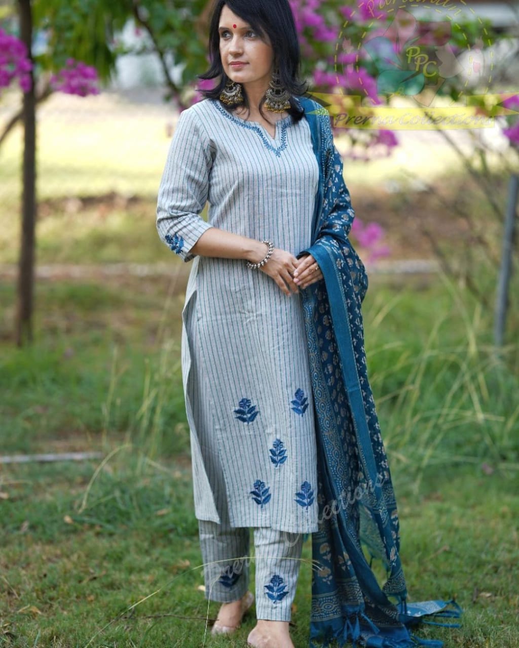 Latest Cotton Khadi Embroidery Straight Kurti And Pant With Dupatta Set
