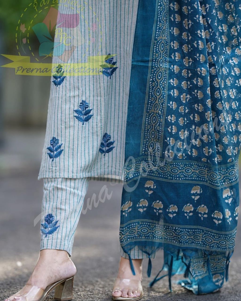 Latest Cotton Khadi Embroidery Straight Kurti And Pant With Dupatta Set