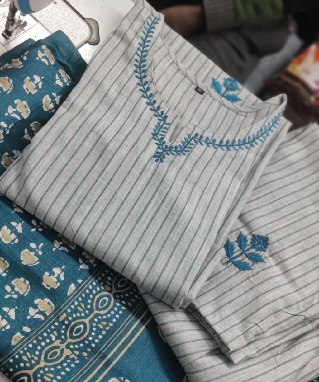 Latest Cotton Khadi Embroidery Straight Kurti And Pant With Dupatta Set