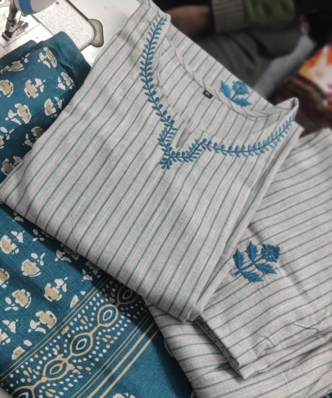 Latest Cotton Khadi Embroidery Straight Kurti And Pant With Dupatta Set