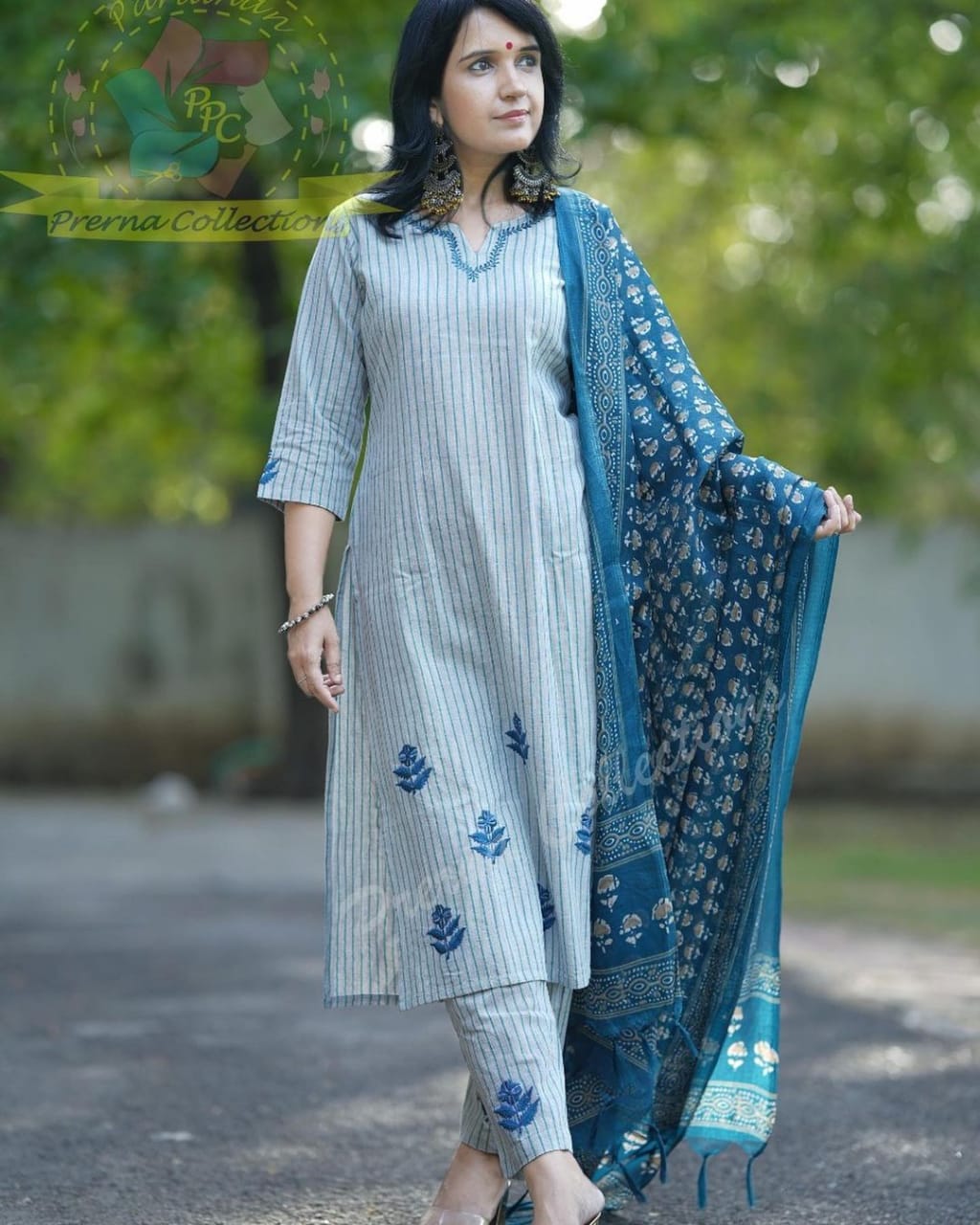 Latest Cotton Khadi Embroidery Straight Kurti And Pant With Dupatta Set