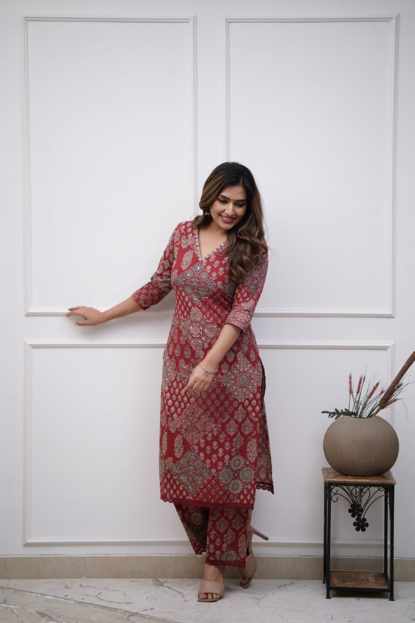 Red Printed Design Fancy Attractive Kurta With Bottom wear Sets