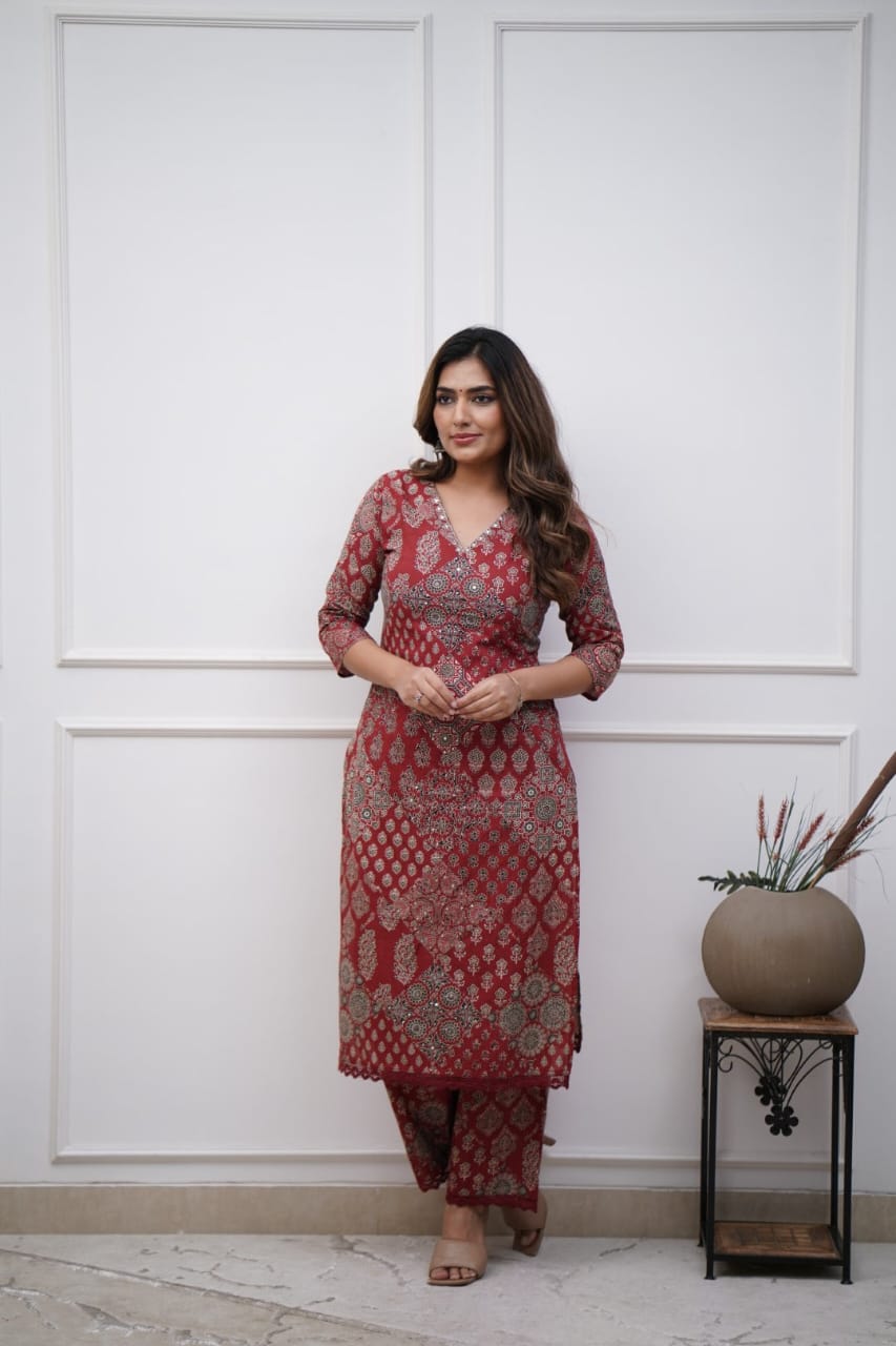 Red Printed Design Fancy Attractive Kurta With Bottom wear Sets