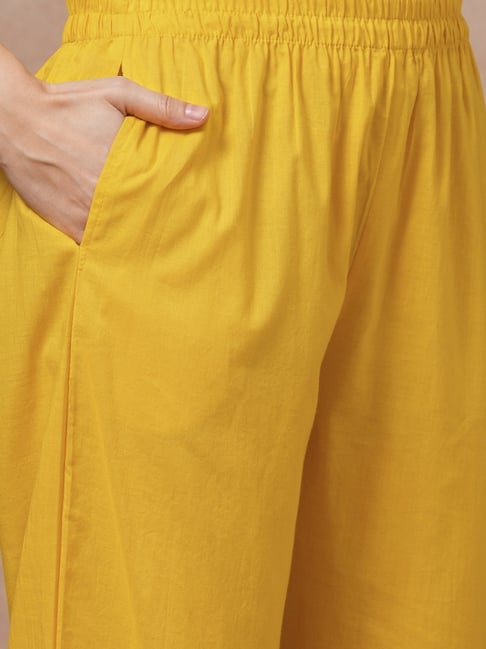 Solid Floral Embroidered A-Line  Kurta with Pant & Dupatta - Yellow