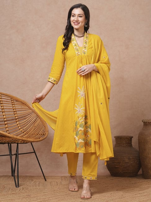 Solid Floral Embroidered A-Line  Kurta with Pant & Dupatta - Yellow