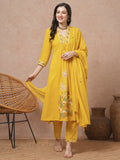 Solid Floral Embroidered A-Line  Kurta with Pant & Dupatta - Yellow