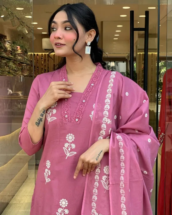 Pink Cotton Design Straight Suit With Dupatta Set