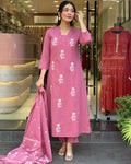 Pink Cotton Design Straight Suit With Dupatta Set