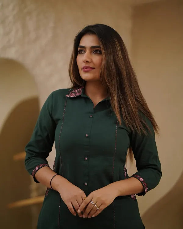 Dark Green Cotton  Straight Kurta Plaza Set