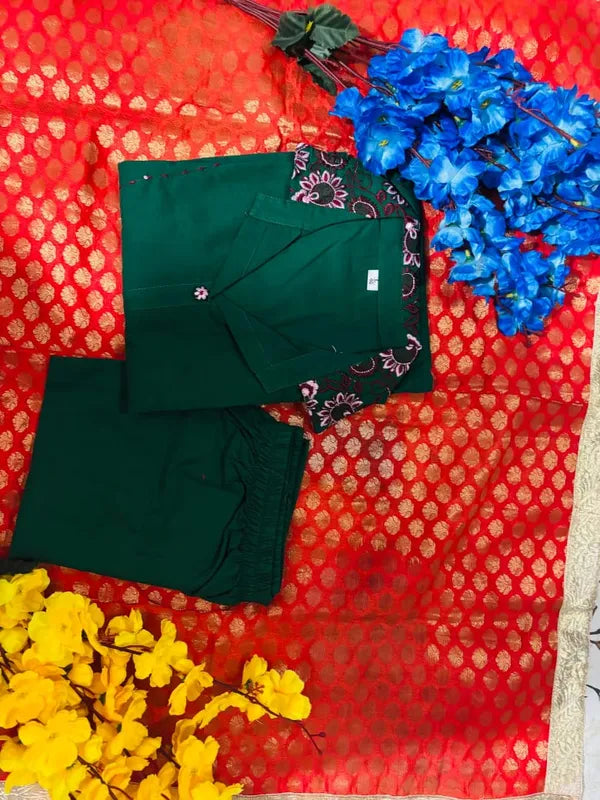 Dark Green Cotton  Straight Kurta Plaza Set