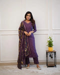 Purple Embroider and Zari Work Rayon Straight Kurta And Pant  with Silk Dupatta Set