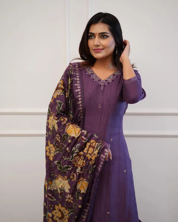 Purple Embroider and Zari Work Rayon Straight Kurta And Pant  with Silk Dupatta Set