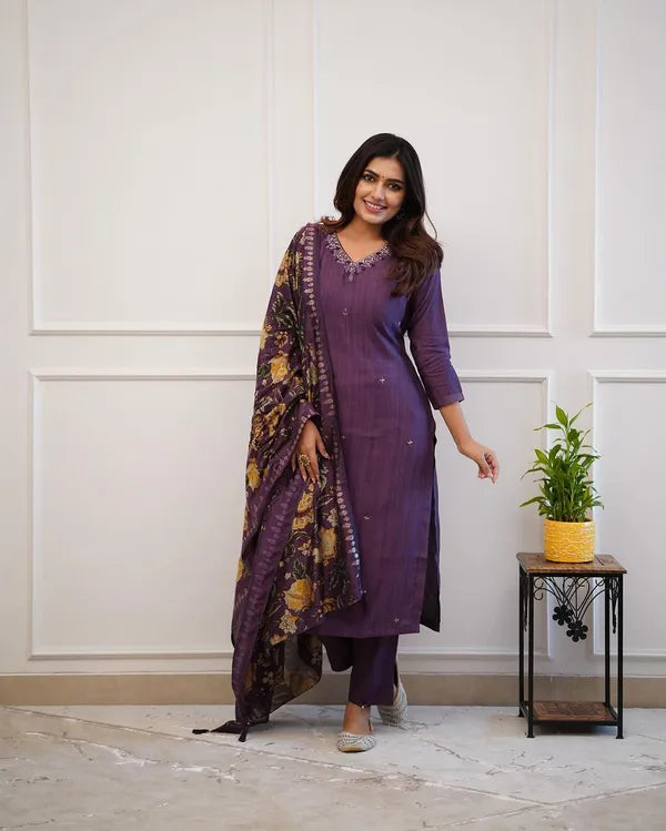 Purple Embroider and Zari Work Rayon Straight Kurta And Pant  with Silk Dupatta Set