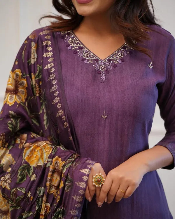Purple Embroider and Zari Work Rayon Straight Kurta And Pant  with Silk Dupatta Set
