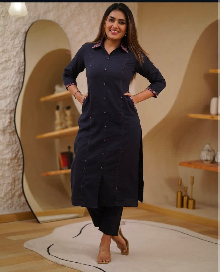 Dark purple Cotton  Straight Kurta Plaza Set