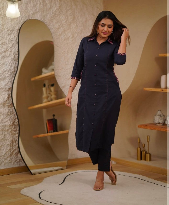 Dark purple Cotton  Straight Kurta Plaza Set