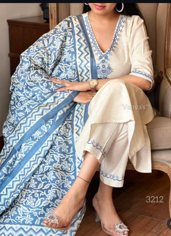 Off White Embroidered Cotton Flex Suit Set With Cotton Silk Dupatta