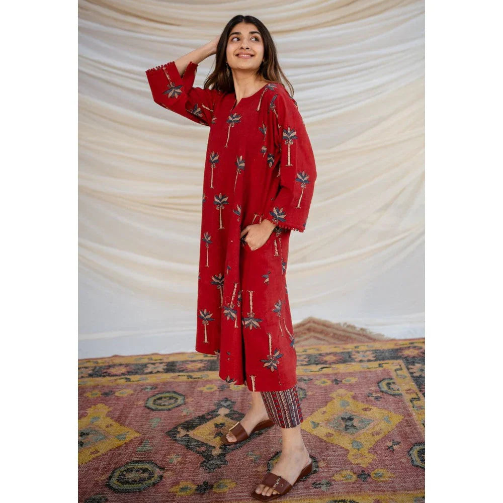 Premium Red Printed A-Line Kurti Set