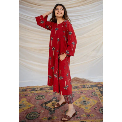 Premium Red Printed A-Line Kurti Set