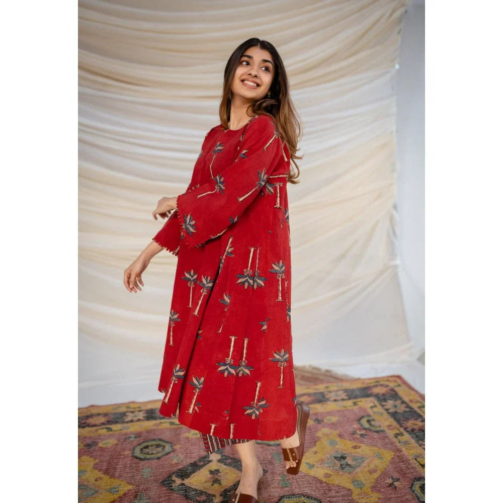 Premium Red Printed A-Line Kurti Set