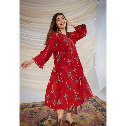 Premium Red Printed A-Line Kurti Set
