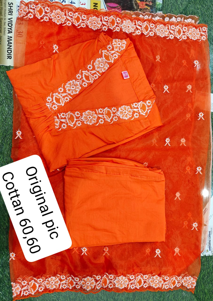 Pure Cotton Super Dyeing Kurta With Beautiful Embroidery & Cotton Pant With Malmal Dupatta