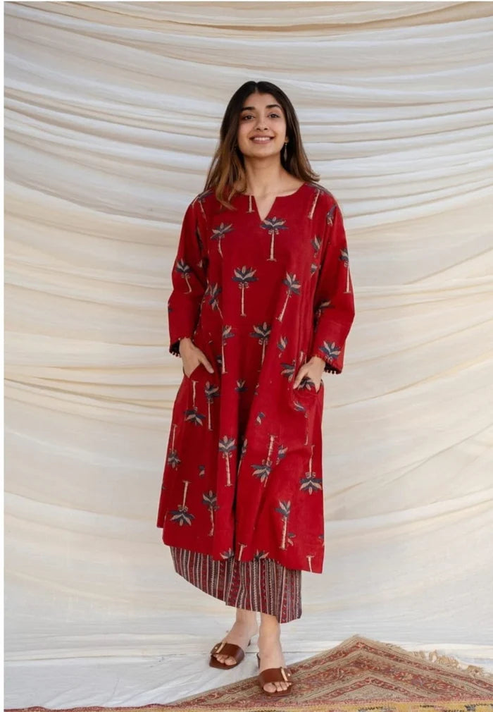 Premium Red Printed A-Line Kurti Set