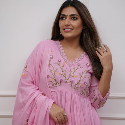 Pink Embroidered Cotton Anarkali Kurta Set with Dupatta